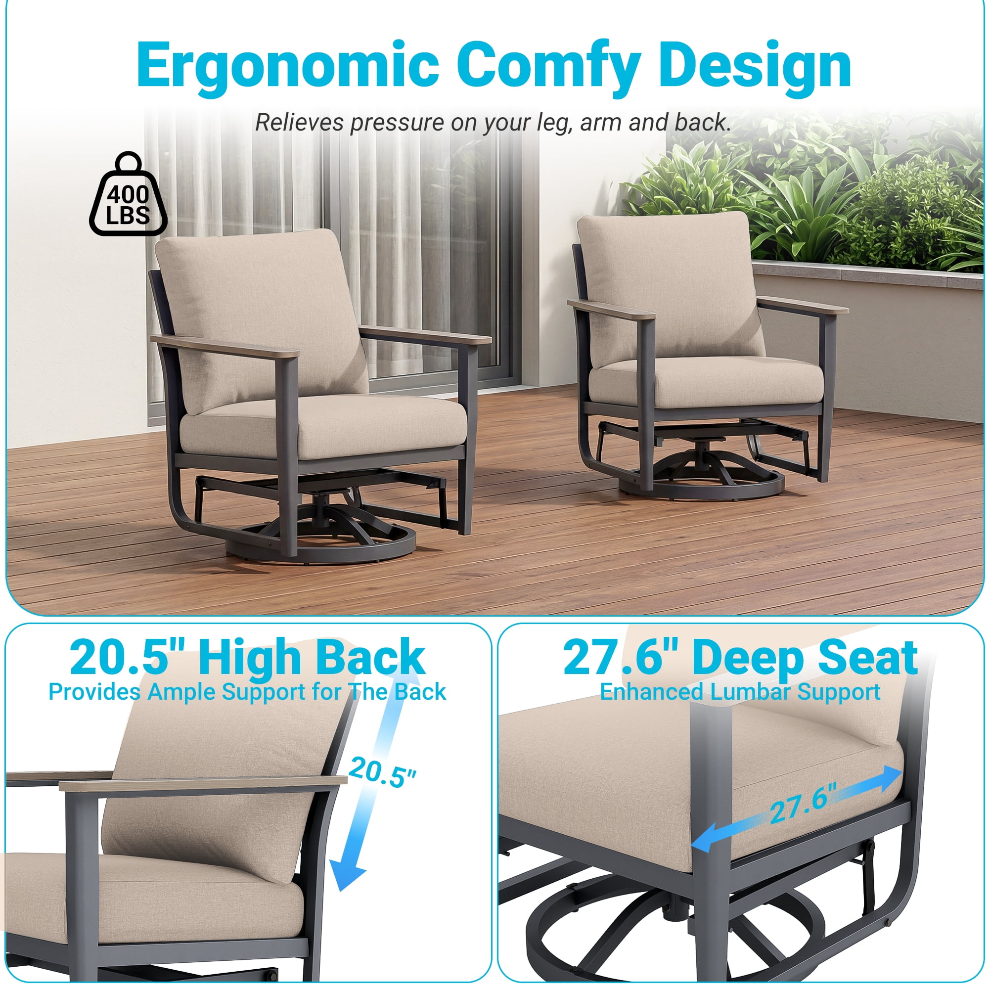 Muphyers 5 Pieces Aluminum Patio Furniture Set, 360° Swivel Rocker Chairs, 3.3" Wide Armrests Patio Conversation Sets, 5.1" Washable Cushions Outdoor Couch for Backyard, Deck, Poolside,Khaki