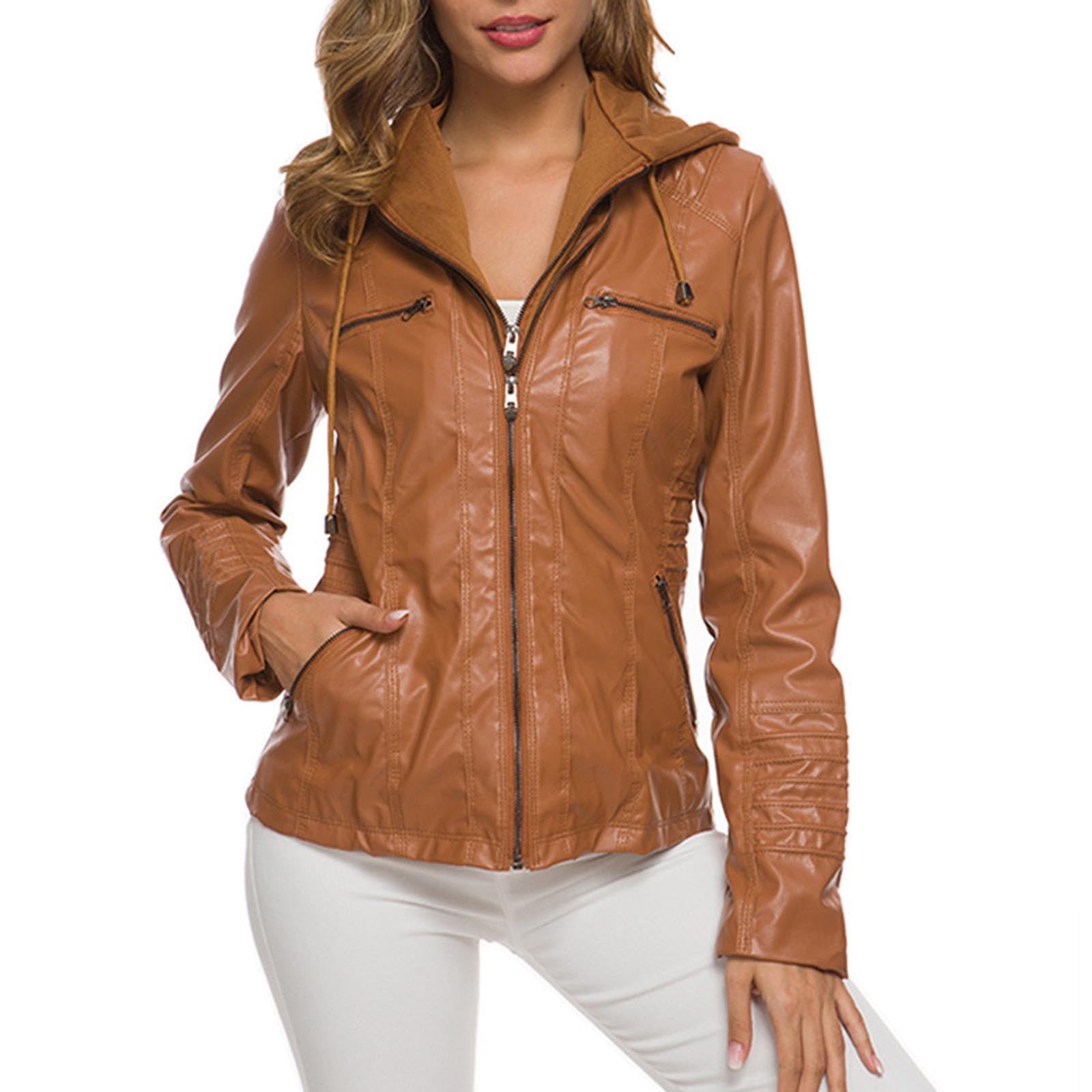 IROINNID Women's Faux Leather Jacket Hooded Long Sleeve Casual Biker Zip Up Jacket,Brown