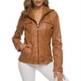 thumbnail image 2 of IROINNID Women's Faux Leather Jacket Clearance Hooded Long Sleeve Casual Biker Zip Up Jacket,Brown, 2 of 9