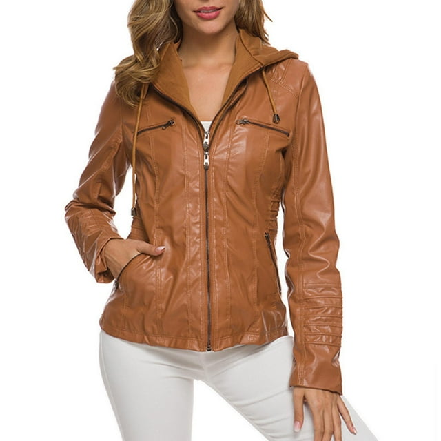 Chaqueta y abrigo informal de manga larga con capucha y cremallera para mujer, chaqueta de cuero de color con manga larga y capucha