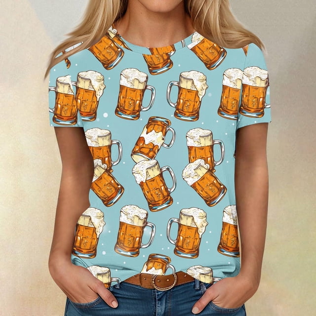 Fiudx Camisas de Mujer Blusa de Manga Corta con Estampado de Moda para Mujer, Camiseta con Cuello Redondo, Tops Informales