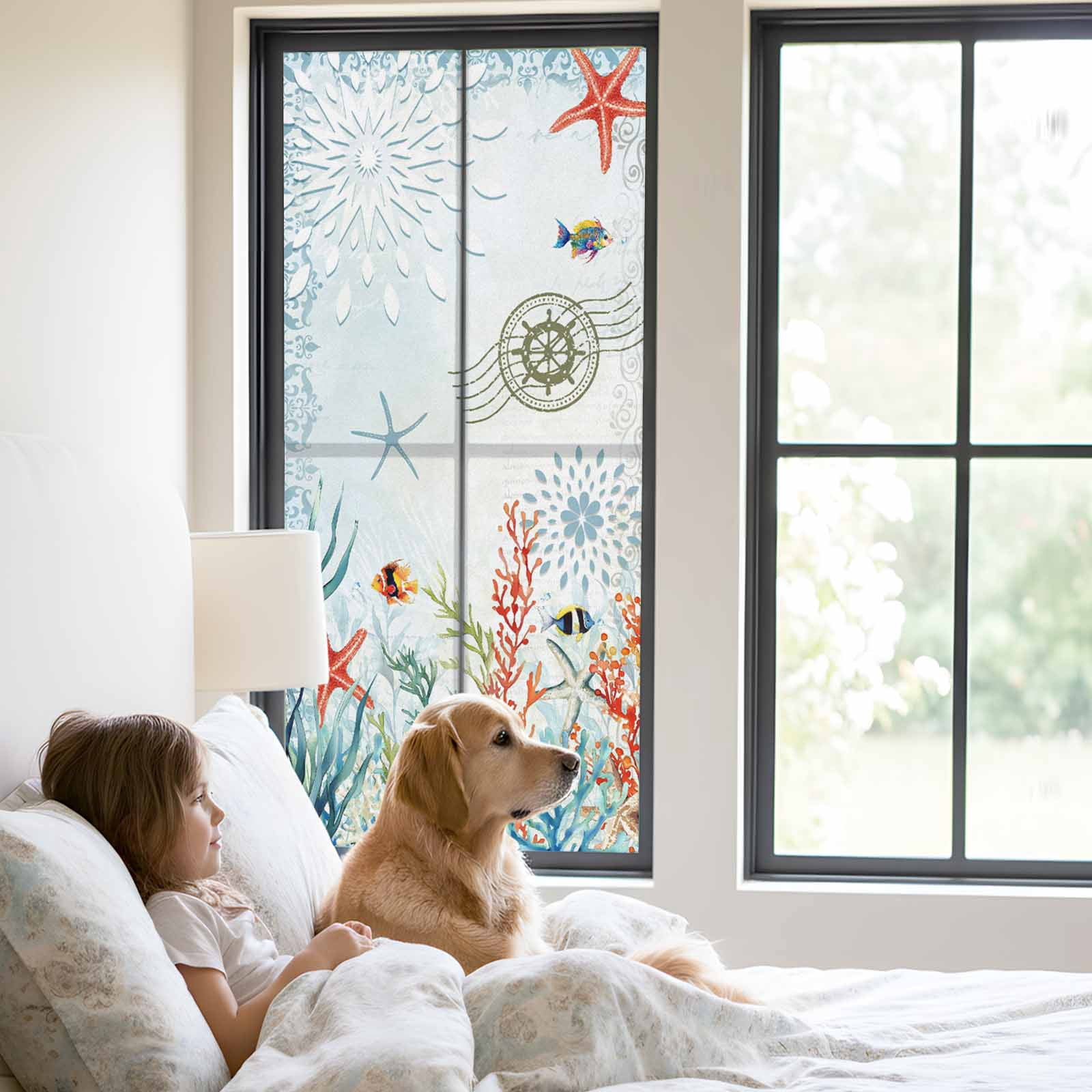 Coastal Blue Window Privacy Film, Ocean Coral Starfish Shell Nautical Seagrass Static Cling UV Sun Blocking Heat Control Window Tint, Non-Adhesive One Way Windows Privacy Cover 23.6''x59''