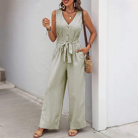 EazyTech Women’s Printed V-Neck Button Front Sleeveless Wide Leg Jumpsuit with Pockets Relaxed Casual One Piece
