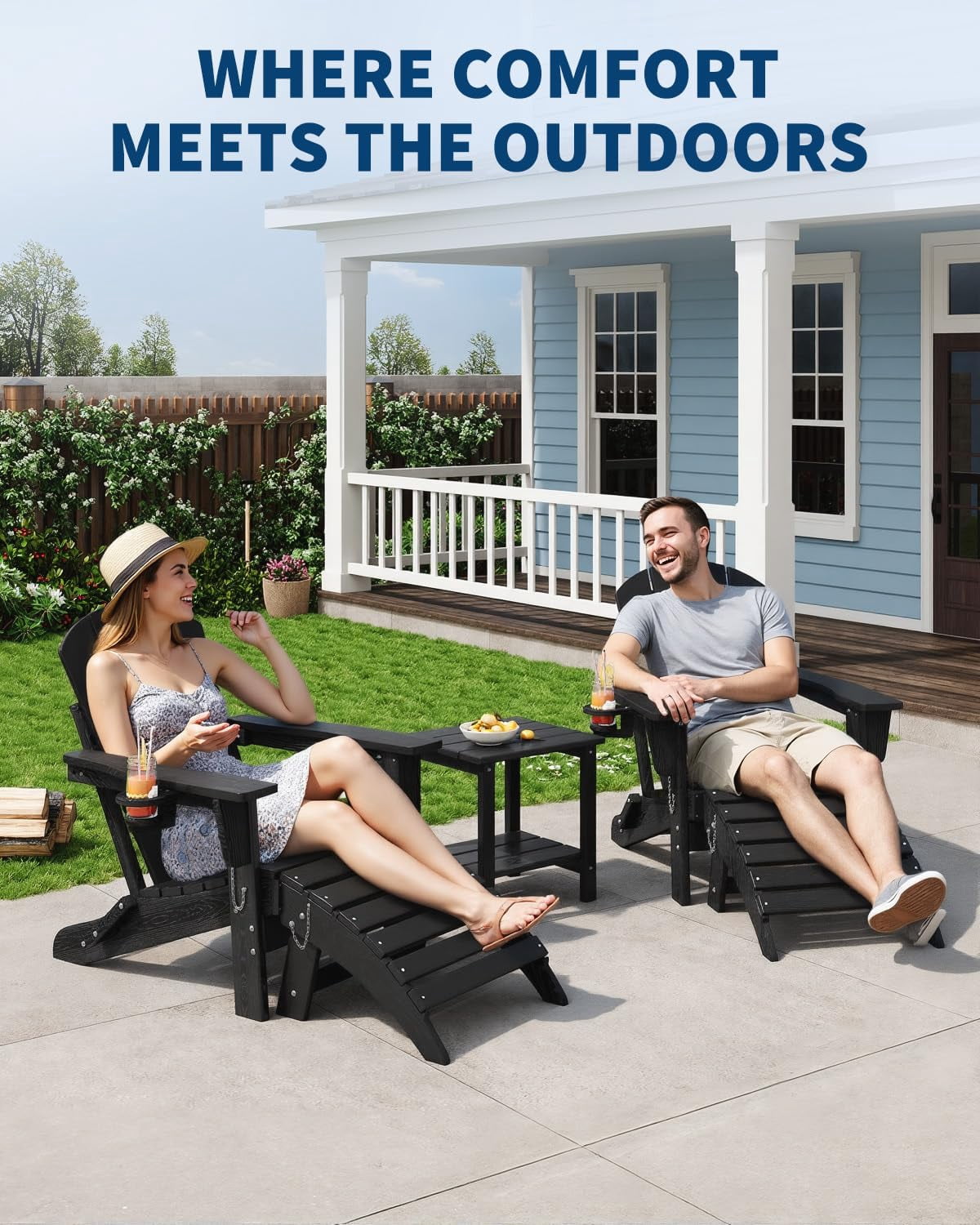 Folding Adirondack Chair Set of 2 with Ottoman, All-Weather HDPE Outdoor Chair, Wooden Textured with Cup Holder for patios, Decks, Gardens, fire pits, Black