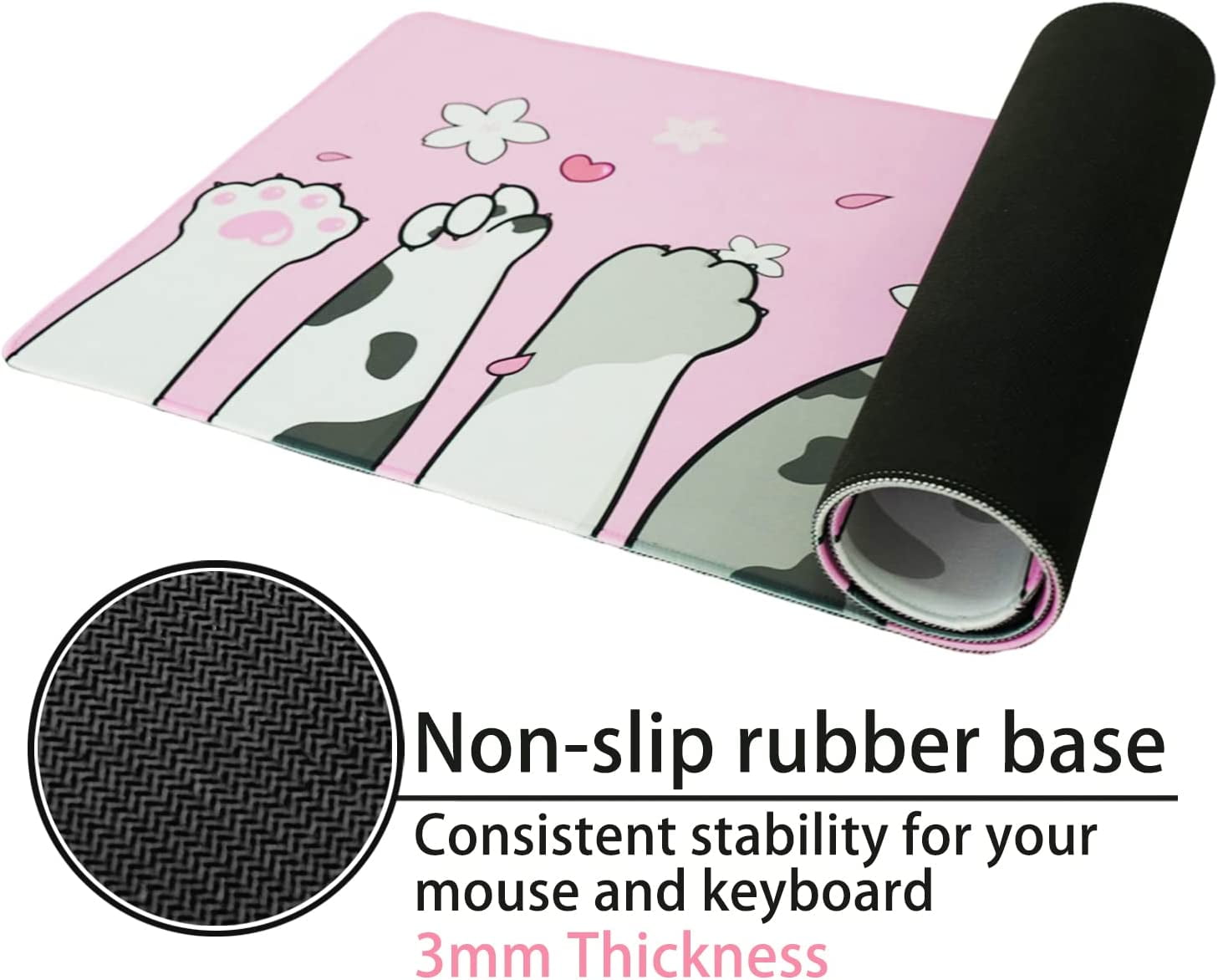 Cat Paw Gaming Mouse Pad for Desk, Extended Large Kawaii Cherry Blossom Mouse Pad, Pink Mousepad XL, Cute Sakura Mouse Pad Anime, Long Big Mouse Mat, Kawaii Decor Stuff Accessories, 31.5 X 11.8 Inch