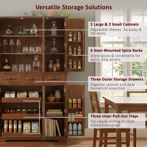 72" Tall Farmhouse Kitchen Pantry Cabinet with 3 Pull-Out Trays & 6 Door Racks, Walnut Brown