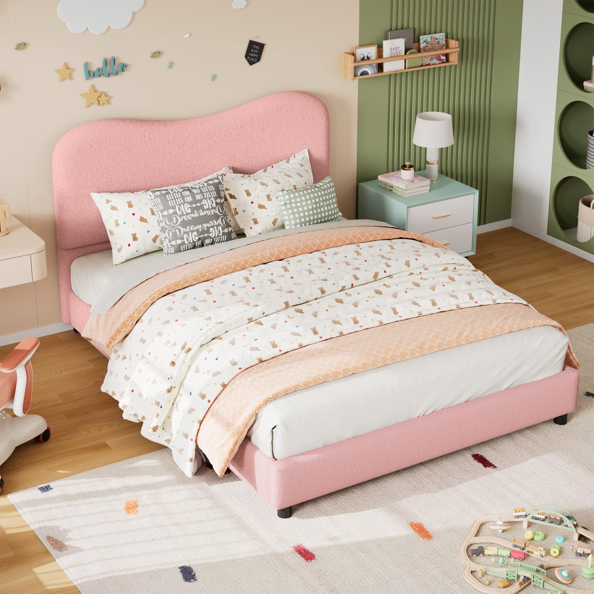 Twin/Full/Queen Size Wood Bed Frame for Bedroom with Velvet Upholstered Headboard, Cute Low Profile Platform Bed for Girls and Boys, No Box Spring Needed, Strong Wooden Slats, Noise Free