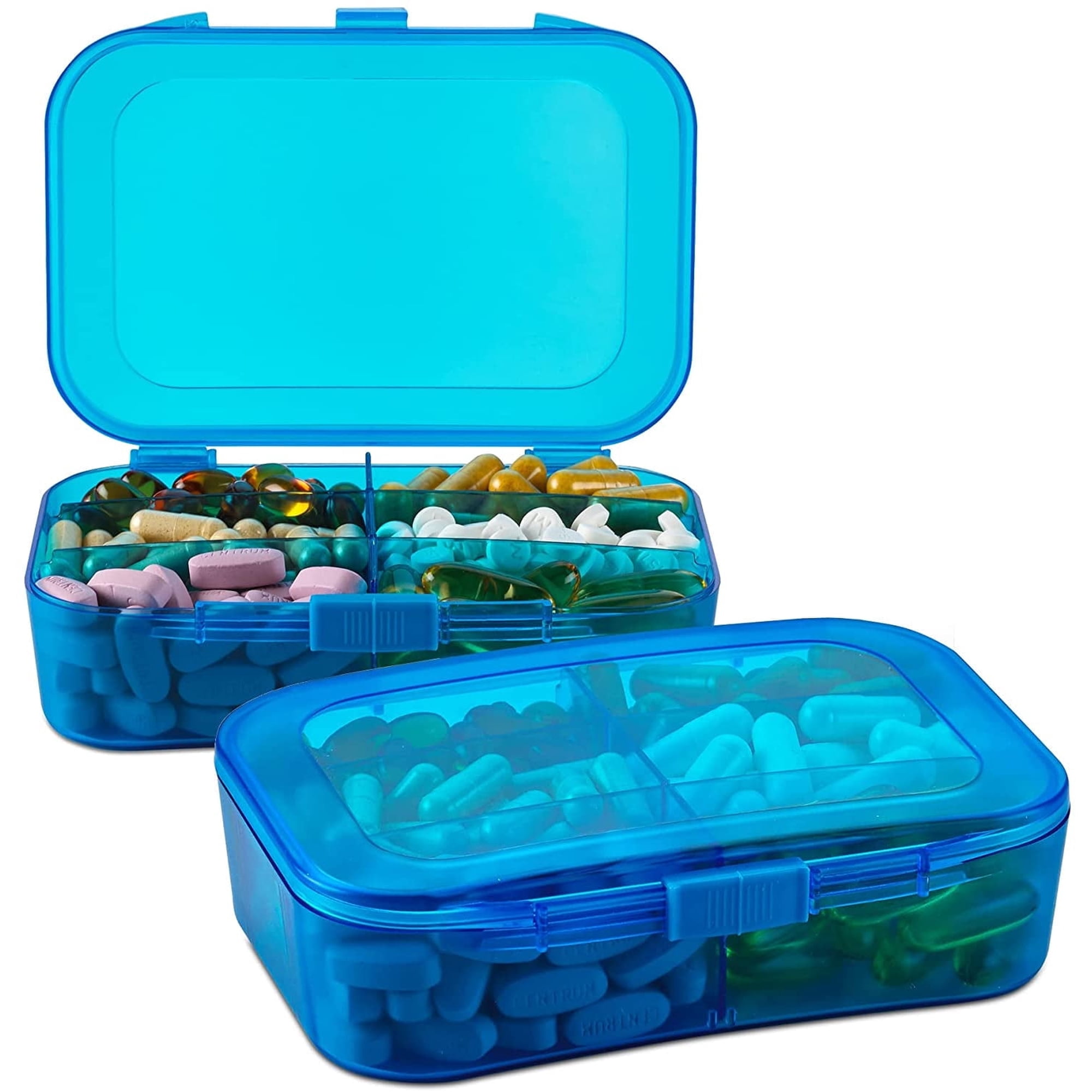 Pill Organizer Case - (Pack of 2) Portable 6 Compartment Daily Travel Medicine Reminder Box for Your Pills, Medications, Supplements, Vitamins and Fish Oils, Blue