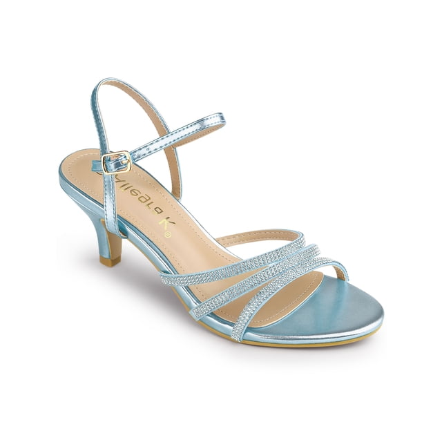 BLISSFUL STEP Chaussures pour Femmes Sandales à Talon Kitten à Bout Ouvert en PU avec Bride à la Cheville Ornée de Strass Bleu Lac 9.5