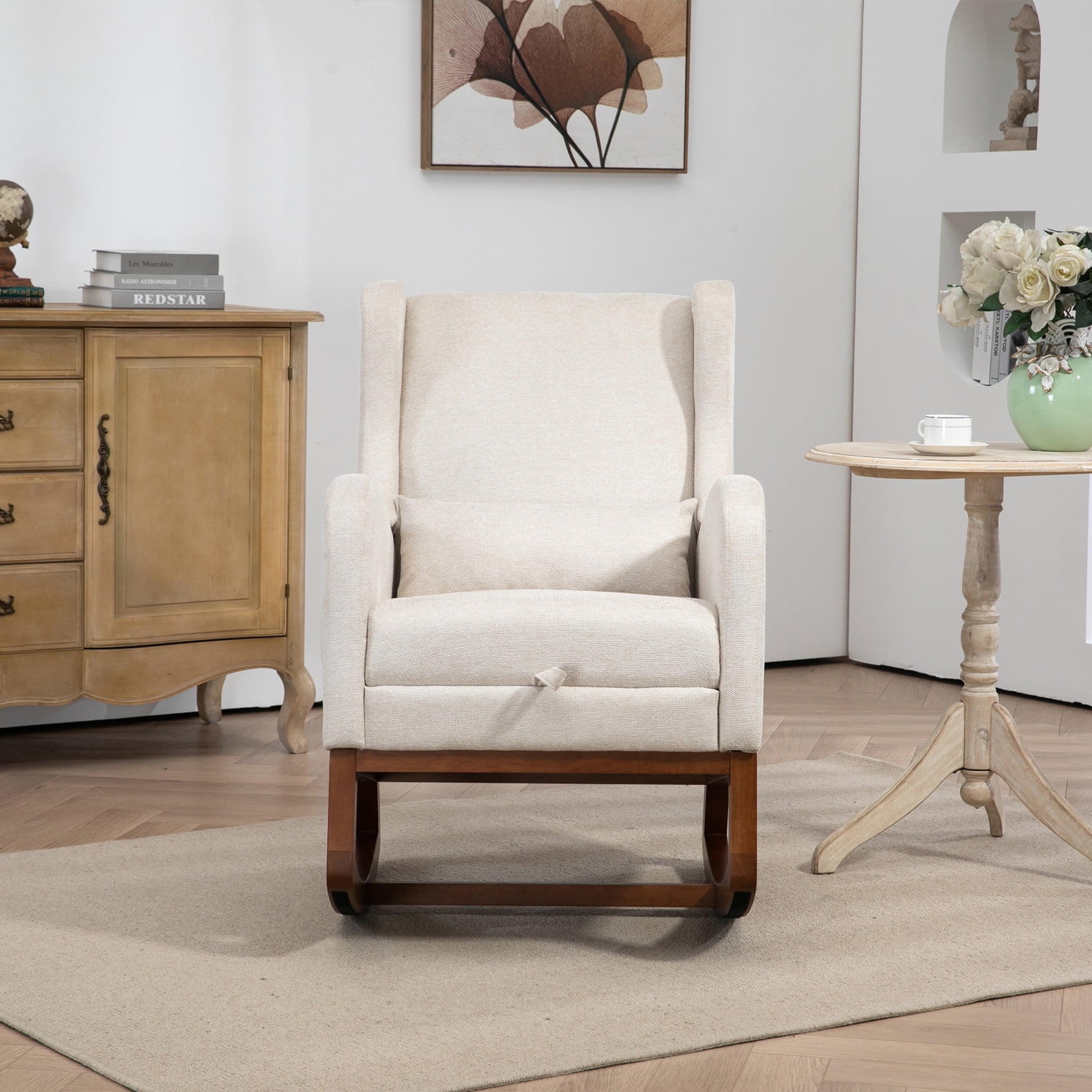 Modern Rocking Chair with Retractable Footrest & Side Pocket, Comfortable Upholstered Wingback Glider for Nursery and Living Room, Sturdy Wood Frame, Beige