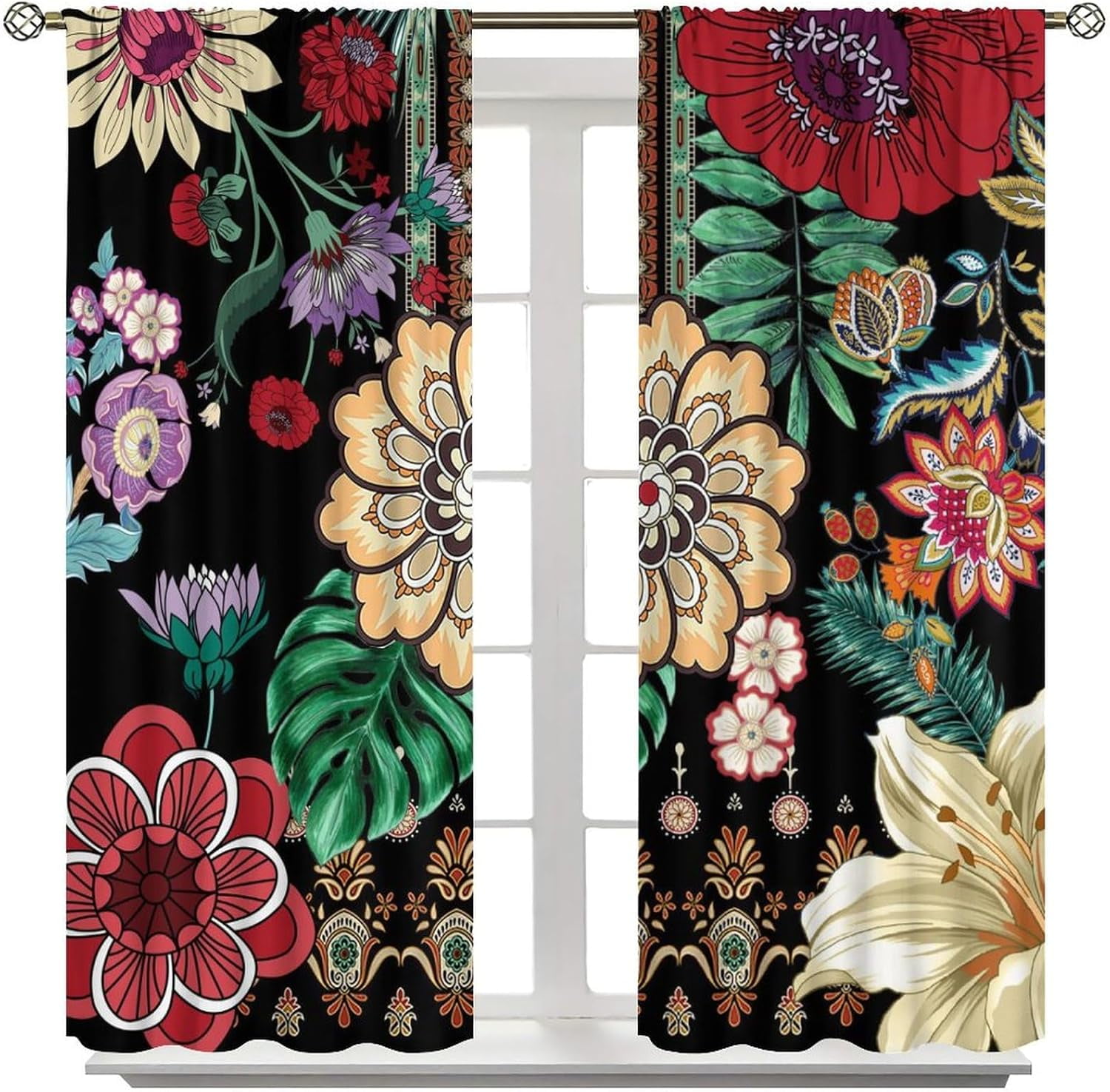 Boho Floral Blackout Curtains, Paisley Mandala Colorful Flowers Bohemian Decor for Bedroom Living Room Window Drapes 2 Panel Set,55x63 Inch
