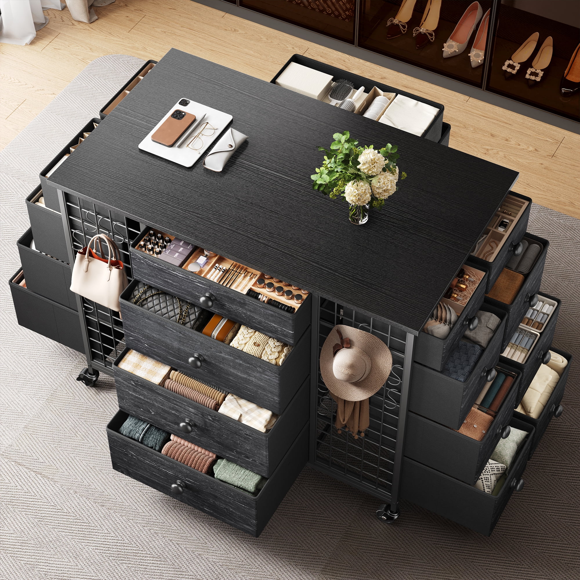 EnHomee 24 Drawers Dressers for Bedroom Closet Dresser Fabric Drawers with Wheels,Black