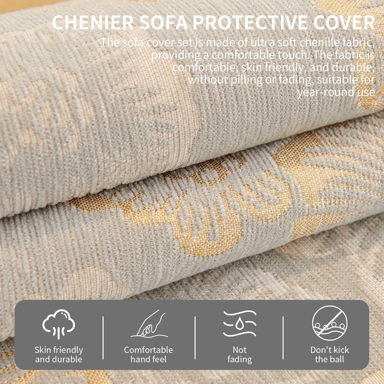 Modern Luxury Elegant Couch Cover, Soft Floral Leaf Chenille Sofa Cover, Non-Slip Washable Fits Various Sectional Sofa, Pet Kid-Friendly Furniture Protector,Gray-1pc 43"x94"