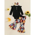 thumbnail image 2 of Suealasg Baby Girl Halloween Outfit Newborn Girl Spring Fall 3Pcs Clothes 3 6 9 12 18 Months Infant Girl Long Sleeve Ribbed Romper Sunflower Pattern Flare Pants Headband Set, 2 of 7