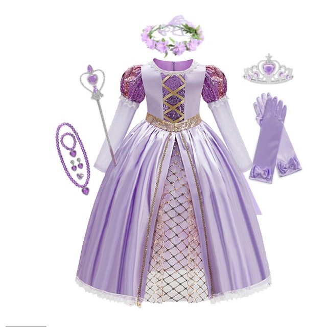 Vestido de princesa Rapunzel para niñas de Disney, cumpleaños, carnaval, fiesta de Halloween, ropa elegante para niñas, disfraz de Cosplay enredado, Set5-6T 130 Gao Jinjia LED