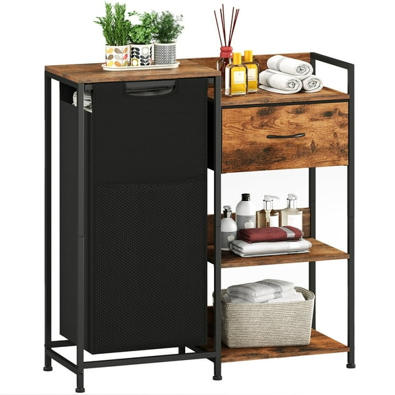 Eunos Dirty Clothes Basket with Drawer and Storage Shelfs, Store Dirty Clothes and Toiletries Indoor, Wood Grain Print