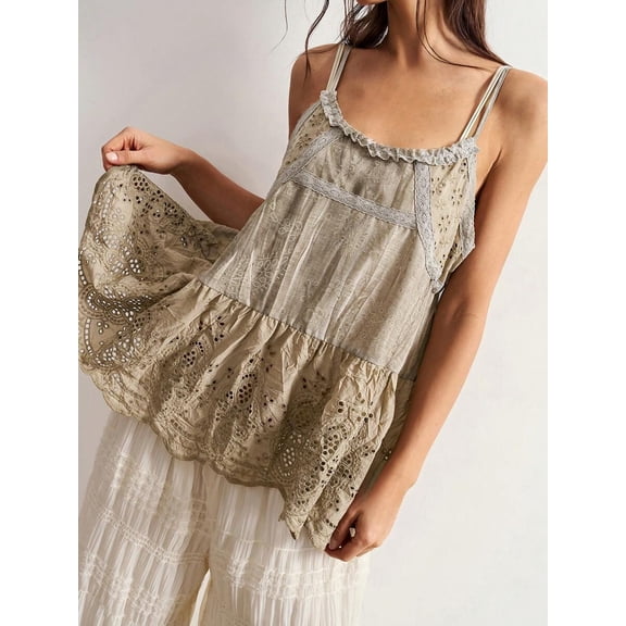 Women's Eyelet Embroidered Cami Tank Top with Ruffle Hem