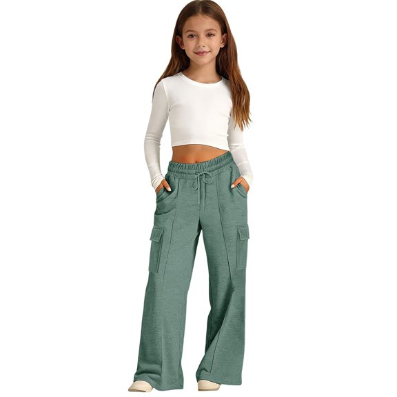 KAUOD Girls Wide Leg Sweatpants Cargo Pockets Baggy Straight Sweat Pants Kids Elastic Waist School Aesthetic Joggers Clothes