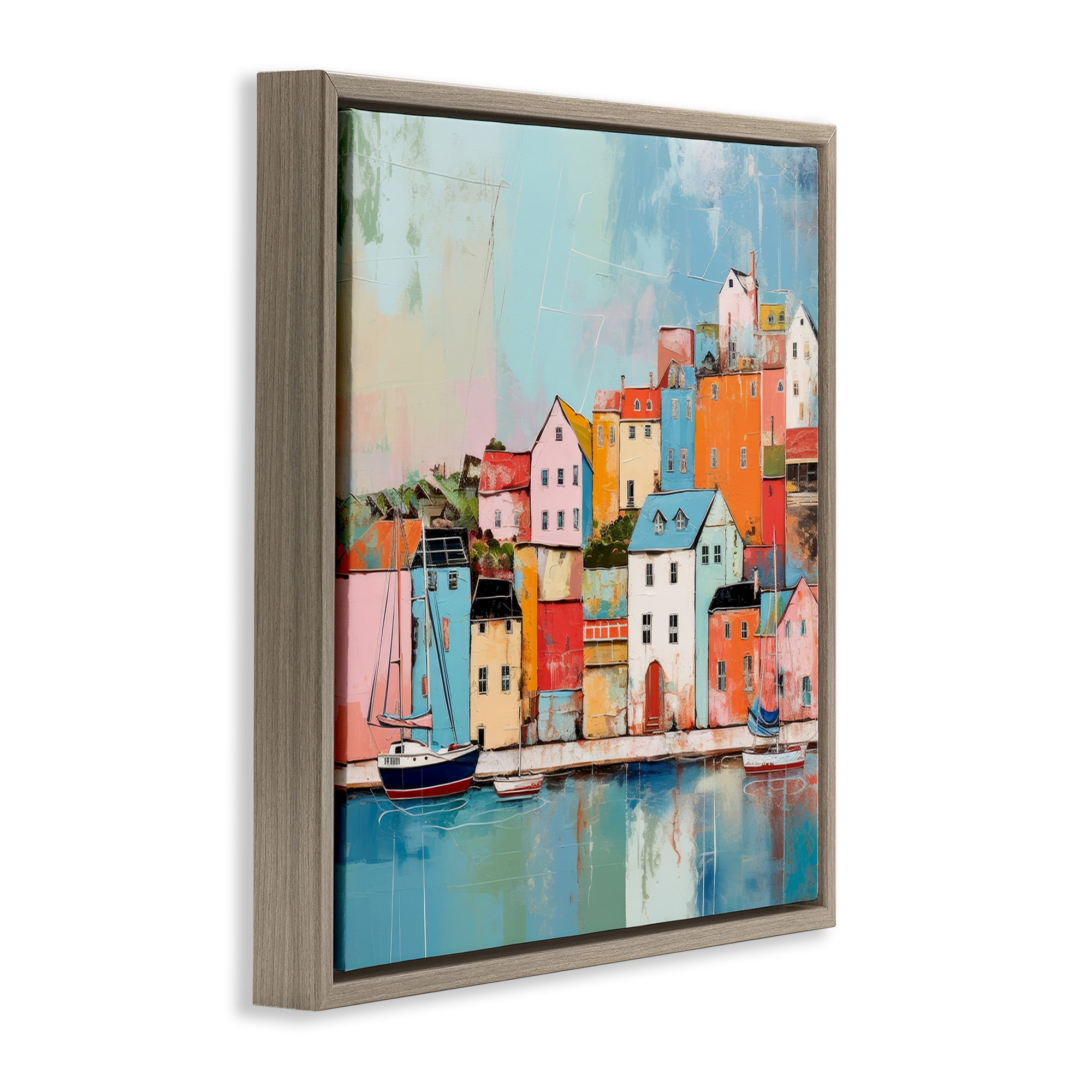 Stupell Industries Seaside Neighborhood Painting Transportation Painting Brown Floater Framed Canvas Art Print Wall Art, 18 x 18
