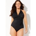thumbnail image 4 of Swimsuits For All Women's Plus Size Faux Wrap Halter One Piece Swimsuit 16 Midnight White Stripe, 4 of 5