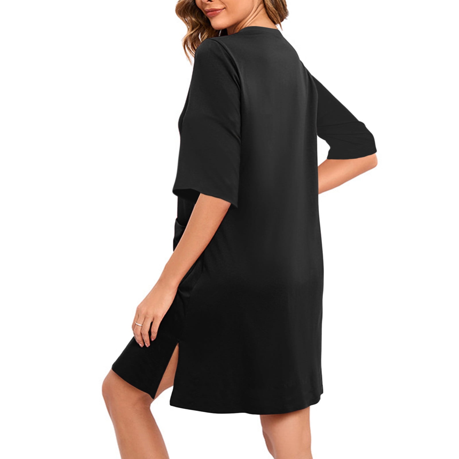 short zip up dressing gown Cxenplz Women's Zipper Up Robe Short Sleeves Nightgown Zip Front Cotton Housecoat Soft Short Bathrobe with Pockets, Size: Large, Black