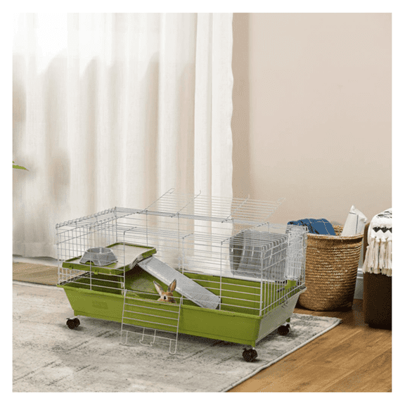 Small Animal Cage Rolling, Guinea Pig Habitat, Bunny Cage with Accessories - 35"L x 17.25"W Steel Cage for Rabbits, Chinchillas & More