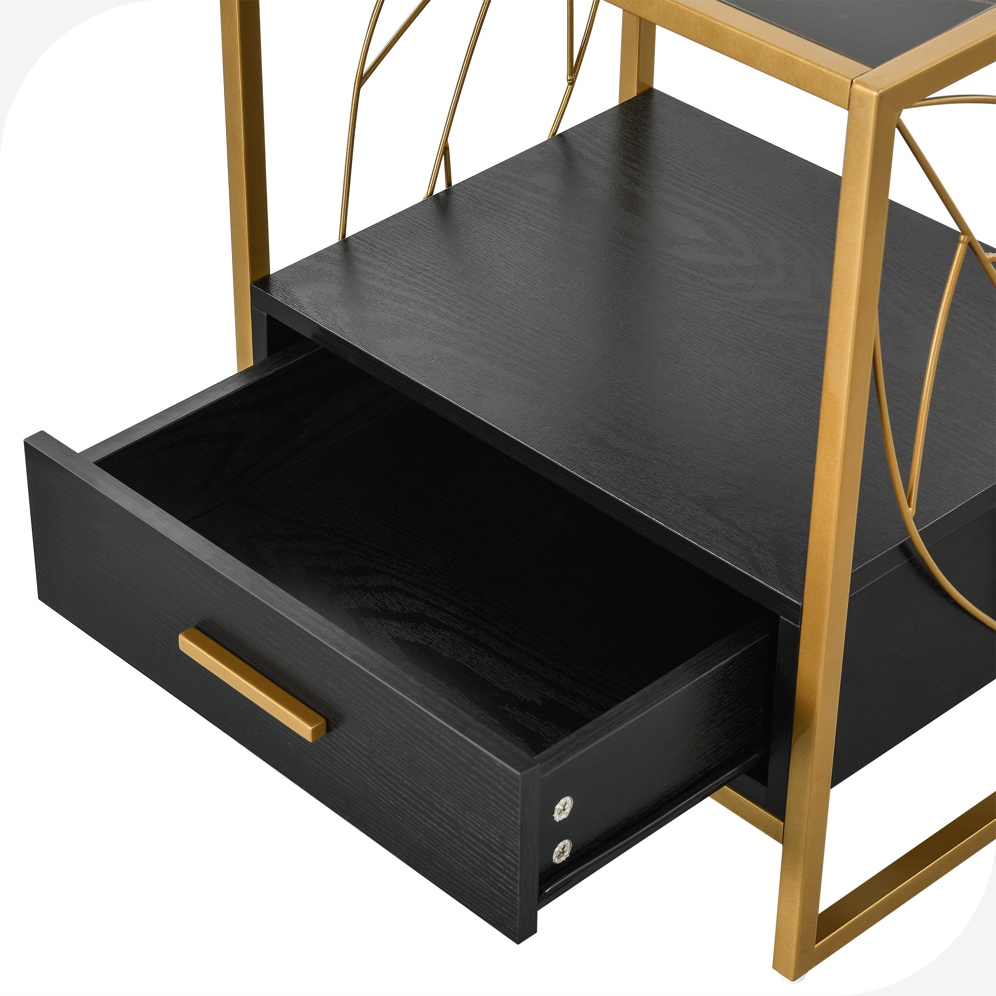 Dextrus End Table with Drawer and Storage Shelf, Modern Nightstand Table Sofa Side Table with Sintered Stone Tabletop and Metal Leaf Shaped Frame for Living Room, Bedroom, Black and Gold