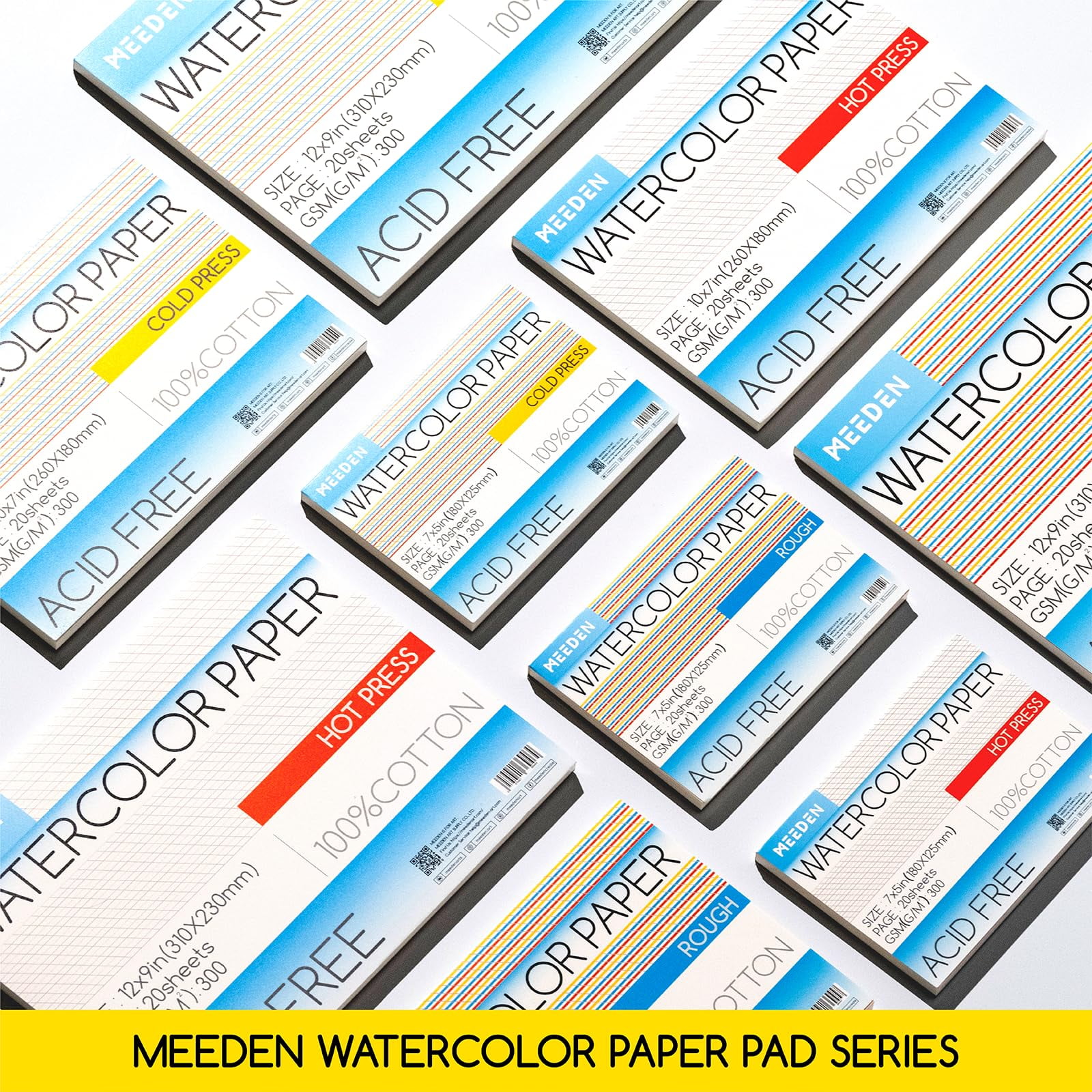 MEEDEN 100% Cotton Watercolor Paper Block, 9" x 12" Watercolor Paper Pad, Rough Grain, 20 Sheets, 140lb/300gsm, Acid-Free Art Paper for Watercolor, Gouache, Ink and More