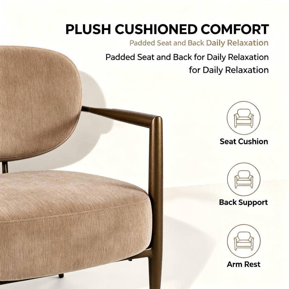 Accent Chair, Mid Century Modern Upholstered Lounge Chair with Metal Frame, Textured Fabric, Padded Seat & Back for Living Room, Bedroom & Office, Camel