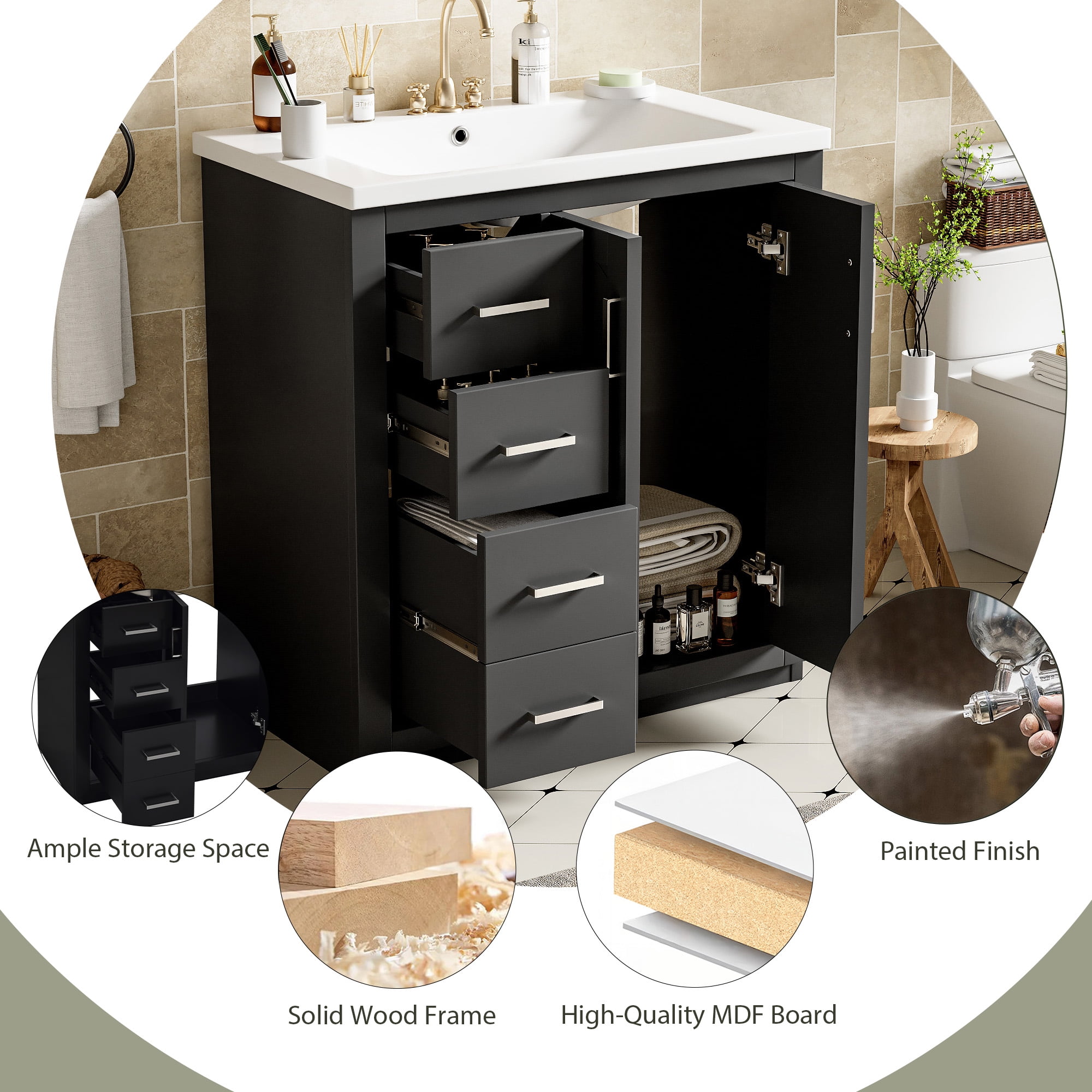 Harper & Bright Designs 30" Bathroom Vanity with Sink, Bathroom Storage Cabinet with Drawers, Single Sink Bathroom Vanity Soft with Closing Doors, Black