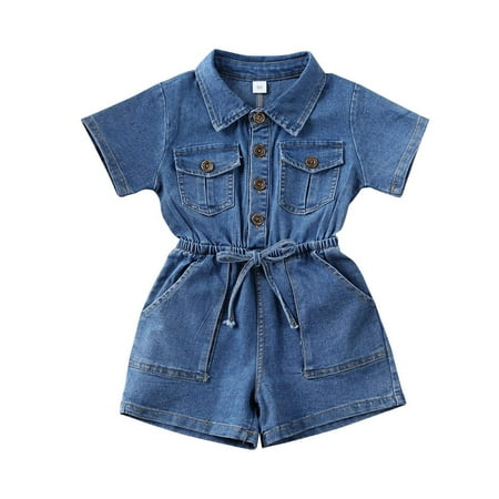 

Carolilly Toddler Girls Denim Rompers Short Sleeve Shirt Collar Elastic Waist Pocket Button Jumpsuit