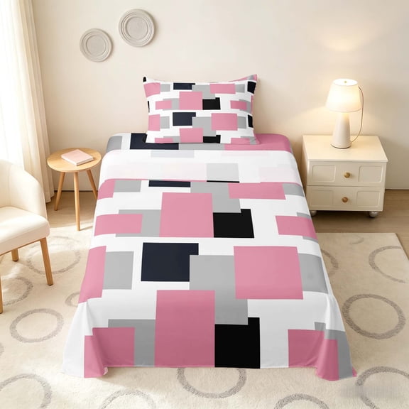 Manfei Modern Geometric Block Twin Sheets, Abstract Square Art Bedding, Pink Black Gray, Black Reversible 3 Pieces1 Flat Sheet 1 Fitted Sheet 1 Pillowcase
