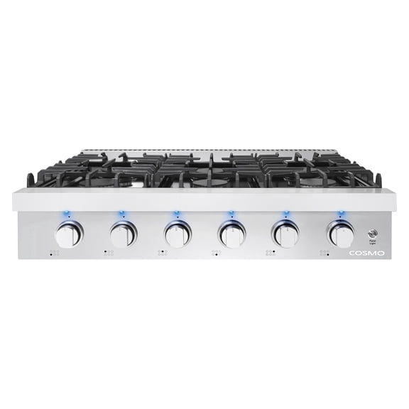 Slide-In Counter Gas Cooktop with 6 Sealed Italian Burners, Black Porcelain Surface, Cast Iron Grates, Metal Knobs in Stainless Steel