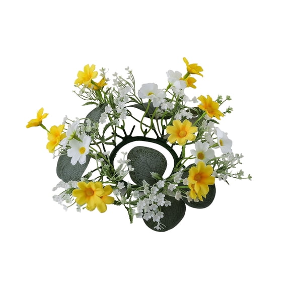 Candle Ring,Mini Floral Wreath Artificial Yellow & White Flowers Green Leaves Tabletop Decor for Diningroom Livingroom Patio
