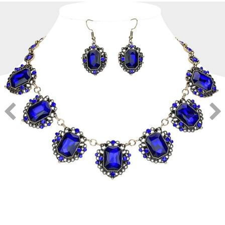 Vintage gold chain and blue cutout edge square stone necklace and earring set