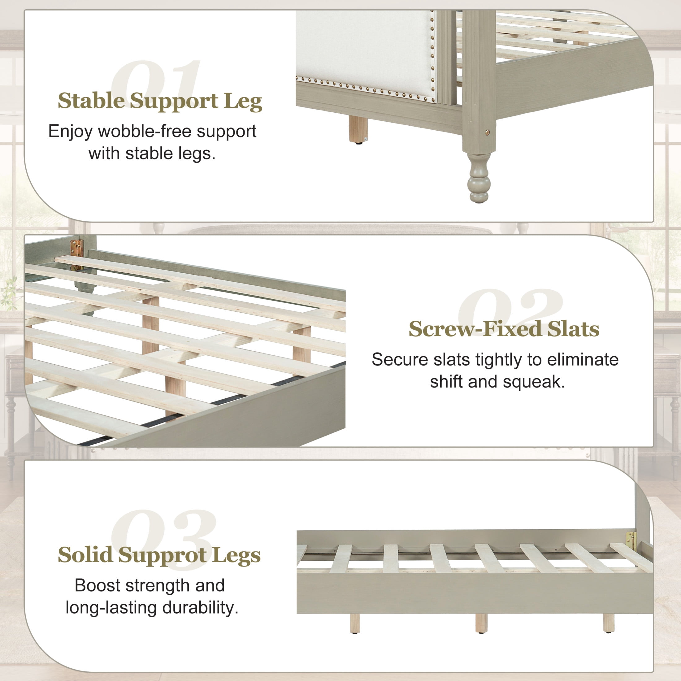 Christopher Knight Home Classic Upholstered Platform Bed Frame with 4 Posters, Nailhead Trim, King, Driftwood Gray