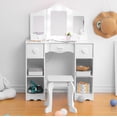 thumbnail image 4 of Kids Vanity Table Set with Light, Tri-Folding Mirror, 5 Drawers and Square Stool, Wood Makeup Desk Dressing Table with Open Storage Shelves and Detachable Top, 4 of 5