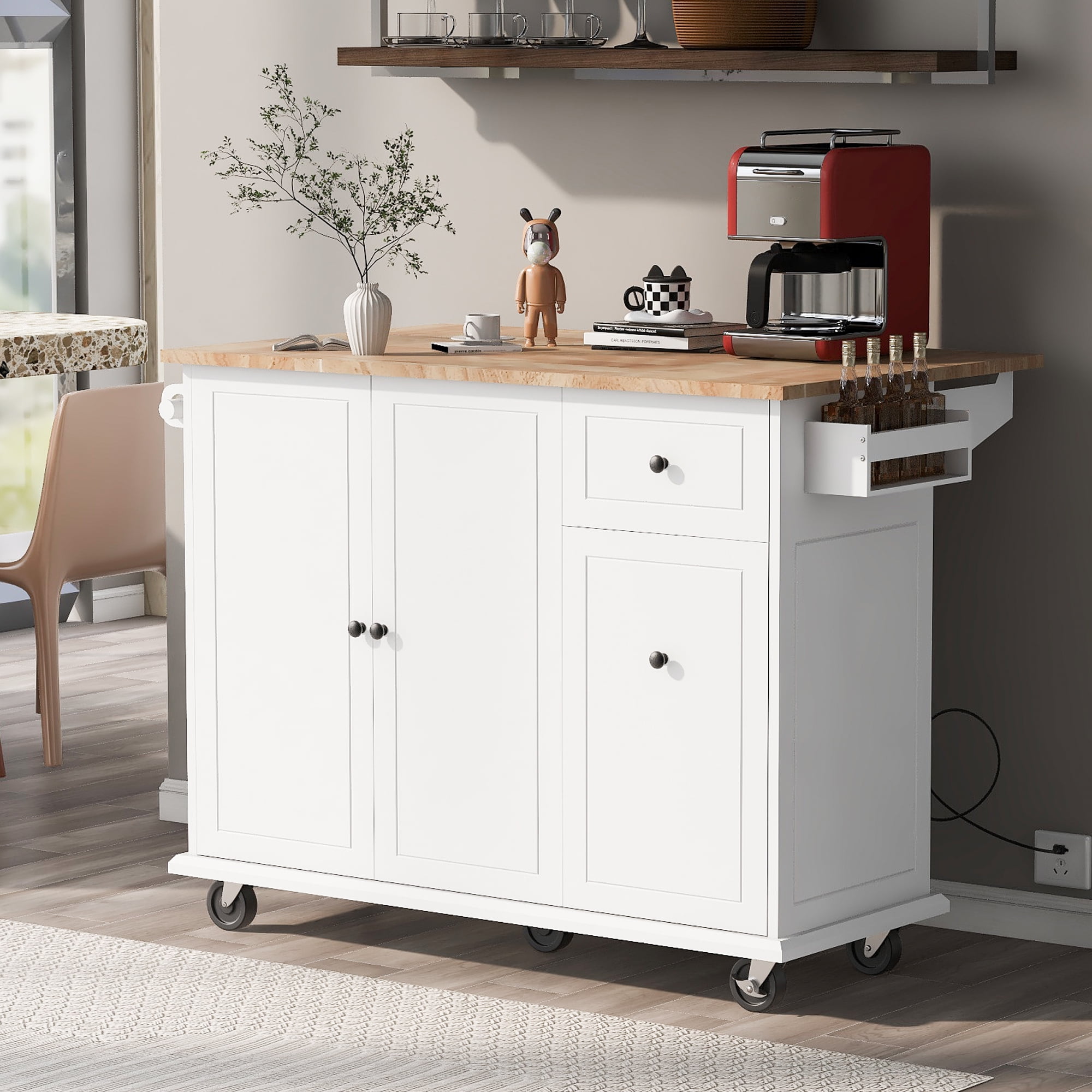 DEALTOPS Kitchen Island with Drop Leaf, 53.9" Rolling Kitchen Cart on Wheels with Storage Rack and Pull Out Cabinet Organizer-White
