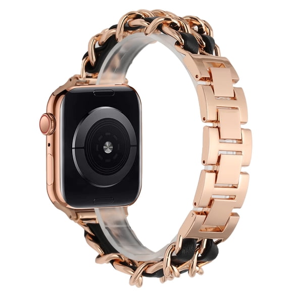 Steel Chain Bracelet Interwoven with Leather Strap for Apple Watch 49mm / 45mm / 44mm / 42mm - Rose Gold Black