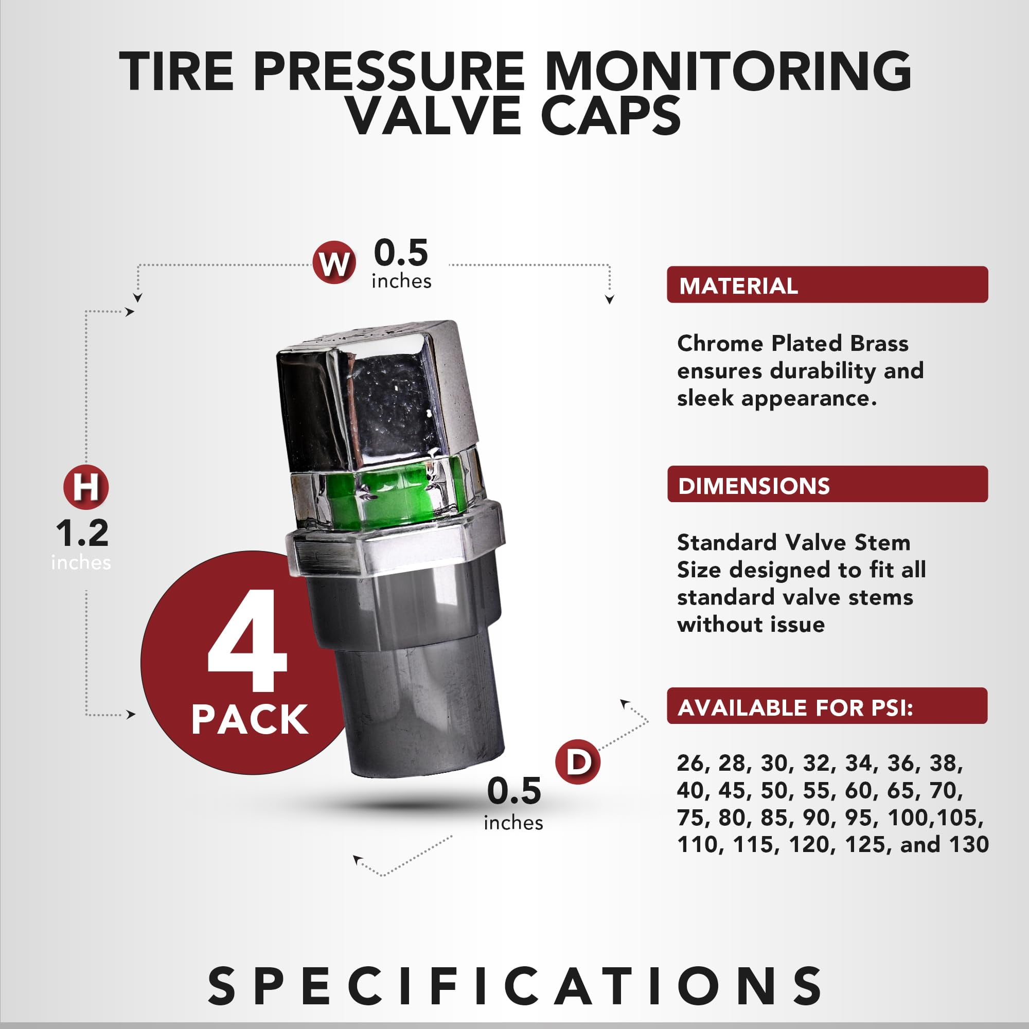 QP-000060 Tire Pressure Monitor Valve Caps - Chrome Brass 60 PSI (Pack Of 4) Visual Indicator For Cars, Trucks, Motorcycles