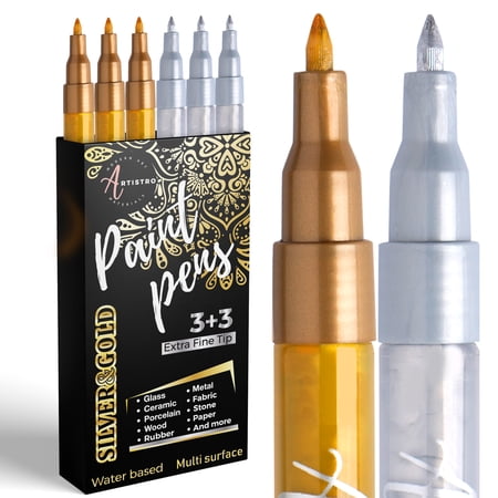 Artistro Acrylic Paint Markers Set of 3 Gold & 3 Silver Markers Extra-Fine Tip