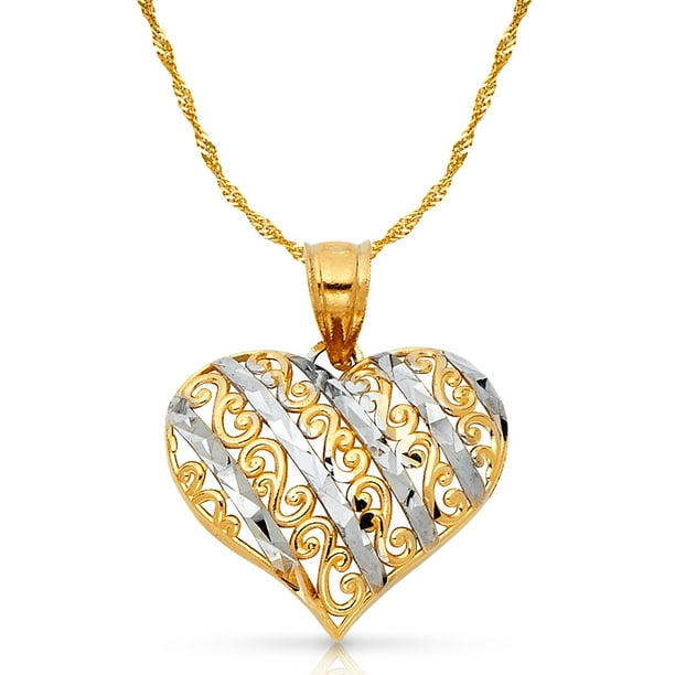 ioka 14k two tone gold fancy design heart charm pendant with 1 2mm singapore chain necklace walmart com walmart com 14k two tone gold fancy design heart charm pendant with 1 2mm singapore chain necklace