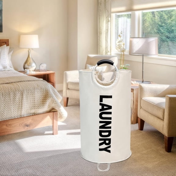 90L Large Laundry Basket, Collapsible Laundry Bag, Freestanding Tall Clothes Hamper, Foldable Washing Bin (beige，1PC)