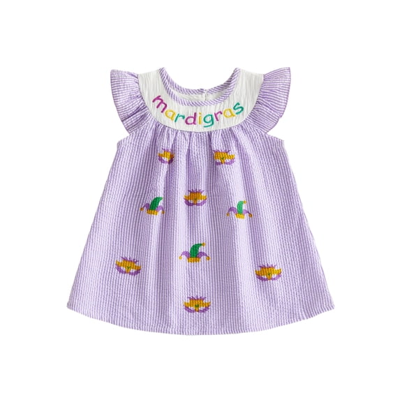 BemeyourBBs Baby Girl Mardi Gras Outfits Toddler Little Girl Carnival Dress Striped Letter Top Hat Flying Sleeve Dresses Spring Summer Holiday Clothes