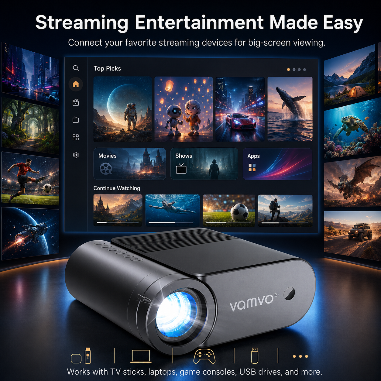 Vamvo Portable Projector WiFi 1080P 200" Display photo 6