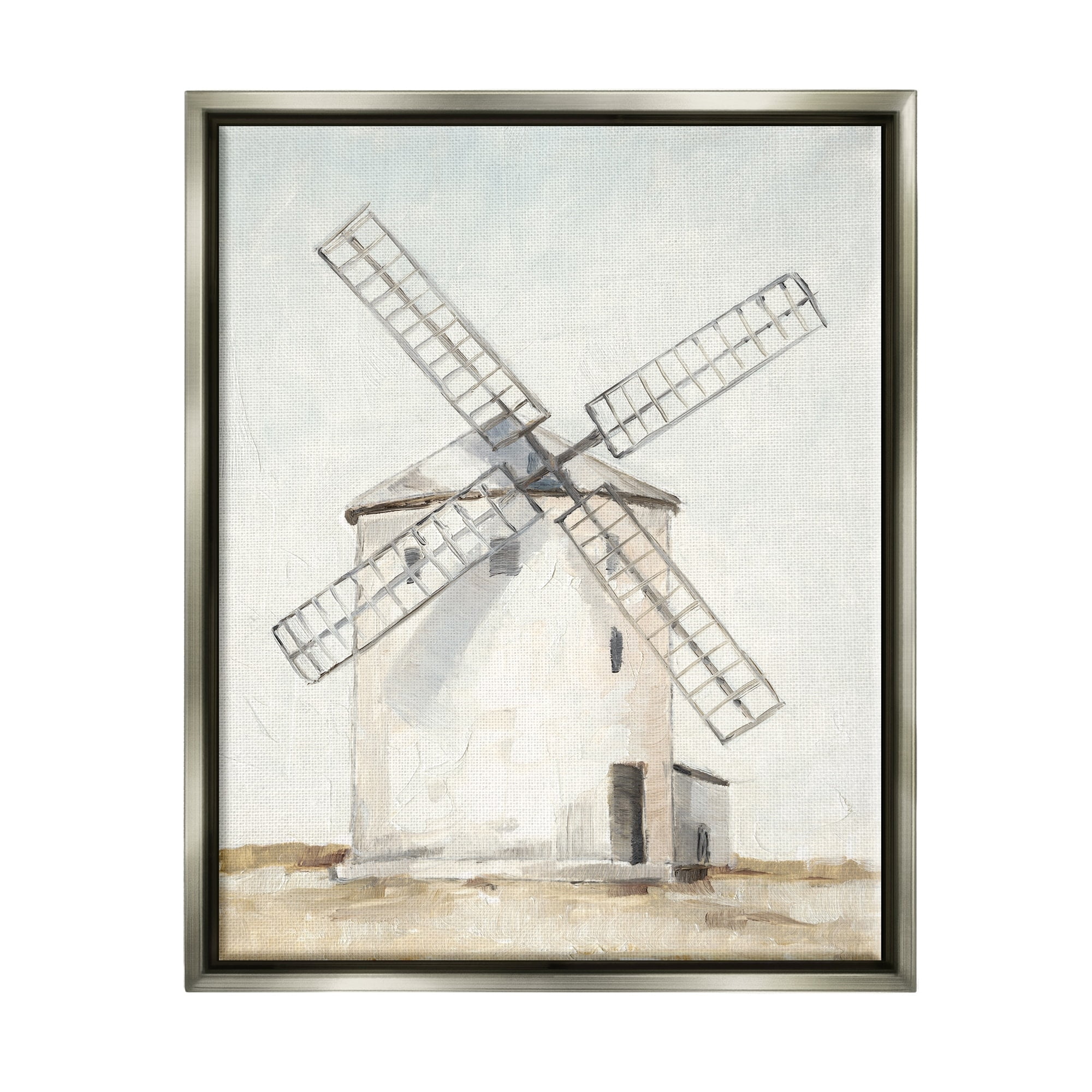 Stupell Industries Windmill Farm Landscape Neutral Blue Brown Painting Luster Gray Framed Floating Canvas Wall Art, 16x20, by Ethan Harper