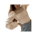 thumbnail image 4 of Genuiskids Women Puff Long Sleeve Square Neck Frill Smock Crop Top Slim Fit Shirred Bardot Blouse T-Shirt, 4 of 8