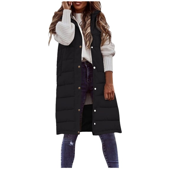 Women's Long Hooded Puffer Vest, Sleeveless Quilted Jacket, Packable Puffy Vest, Casual Winter Layer, Oversized Sleeveless Coat Black L