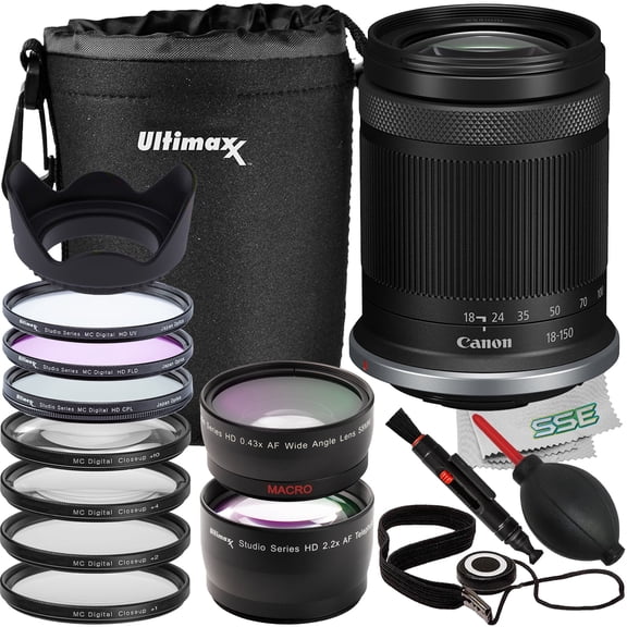 Ultimaxx Advanced Canon RF-S 18-150mm Lens (International Model) Bundle (White Box) - Includes:  Lens Pouch, 0.43x Wide-Angle Lens Attachment, 4PC Macro Close-Up Filter Kit & More (18pc Bundle)