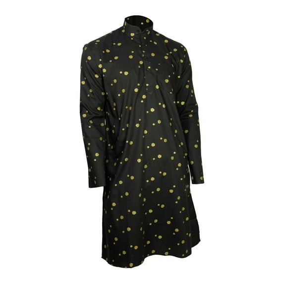 Hijaz Black and Gold Foil Long Authentic Indian Pattern Kurta with Pockets-L